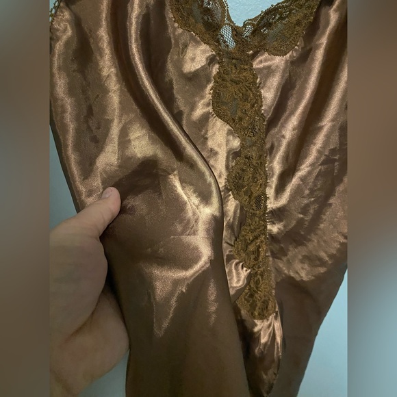 Vintage 90’s Brown Silk Slip Mini Dress Top with Spaghetti Straps and Lace - Picture 4 of 5